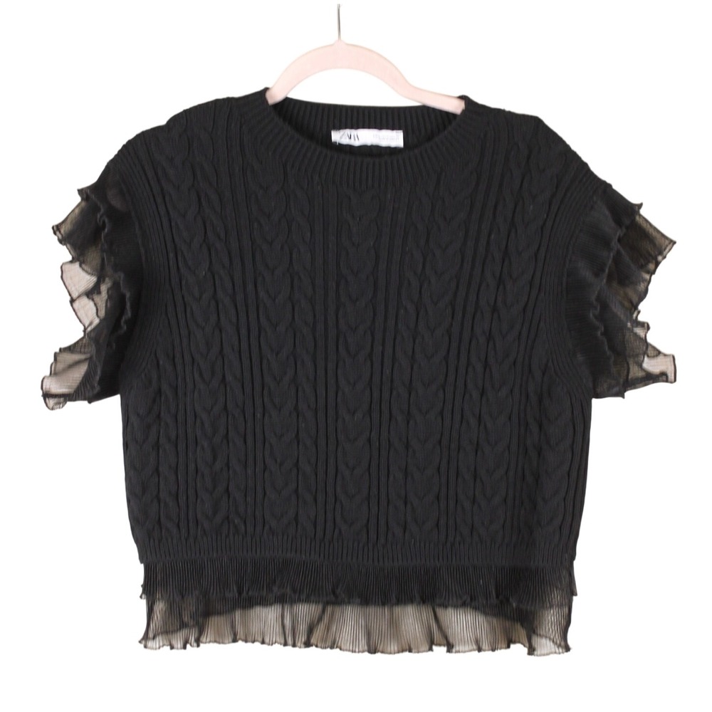 Zara Whimsigoth Dark Coquette Black Cable Knit Short Sleeve Layered Crop Top M